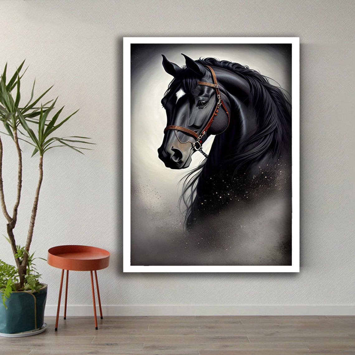 Black Horse Portrait Elegant Stallion Gray Gradient Wall Art Poster - Image 3