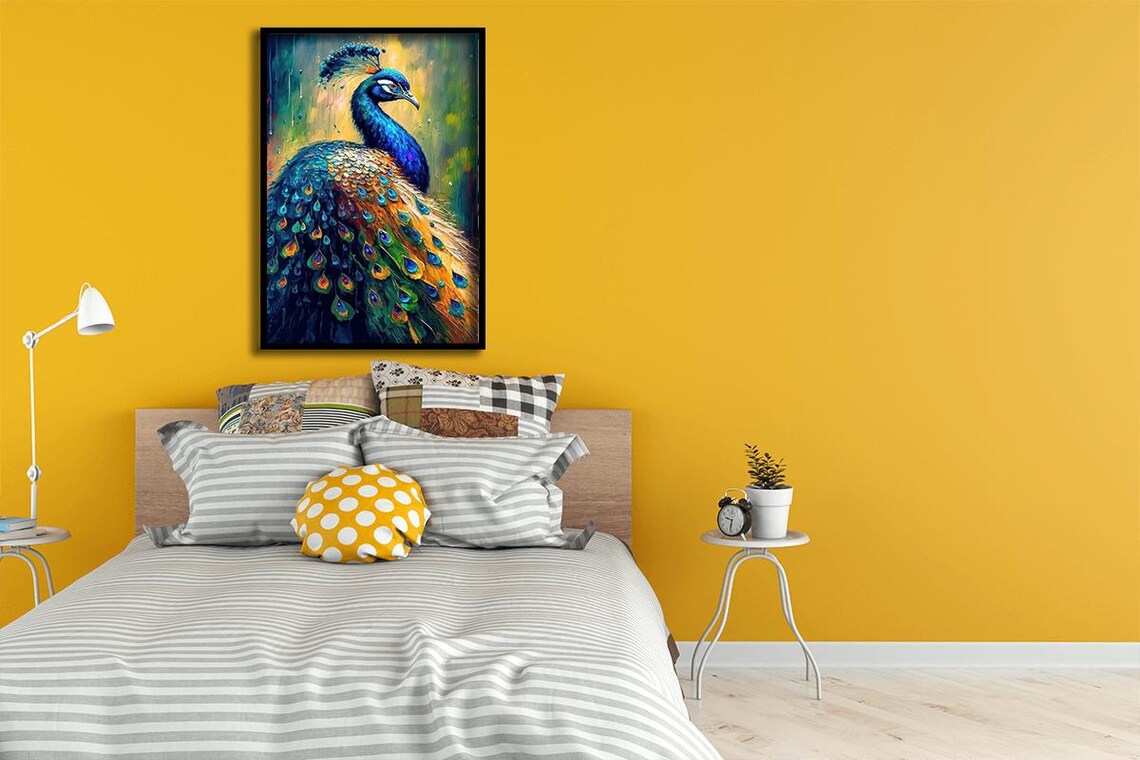 Majestic Peacock Vibrant Plumage Colorful Oil Painting Animal Print - Image 4