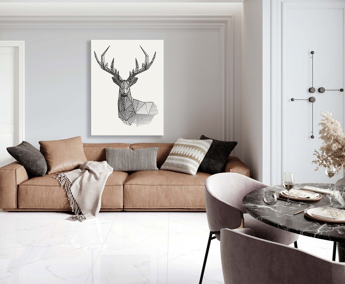 Geometric Stag Head Striped Line Art Minimalist Black White Deer Poster - Image 4
