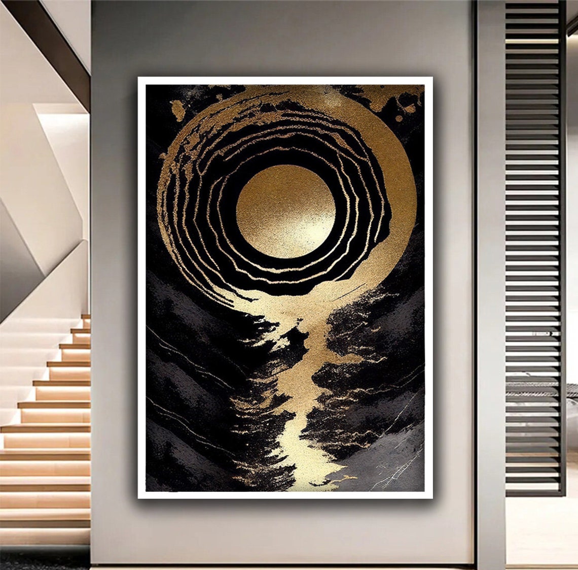 Golden Full Moon Over Black Marble Abstract Golden River Wall Art - Image 2