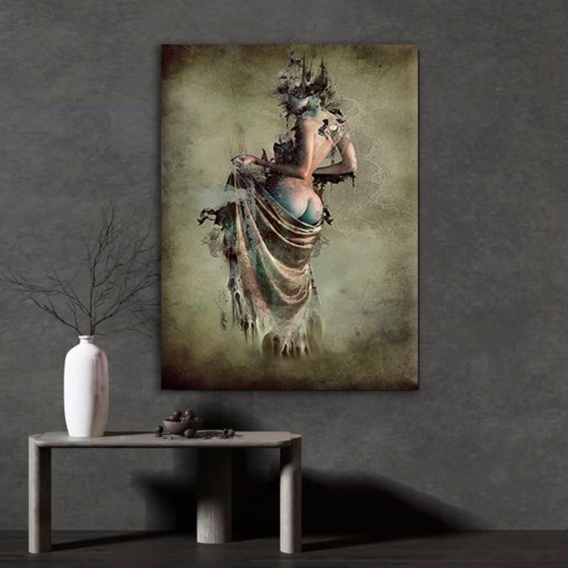 Vintage Nude Woman Back Draped Fabric Aged Parchment Classical Art Poster - Image 4