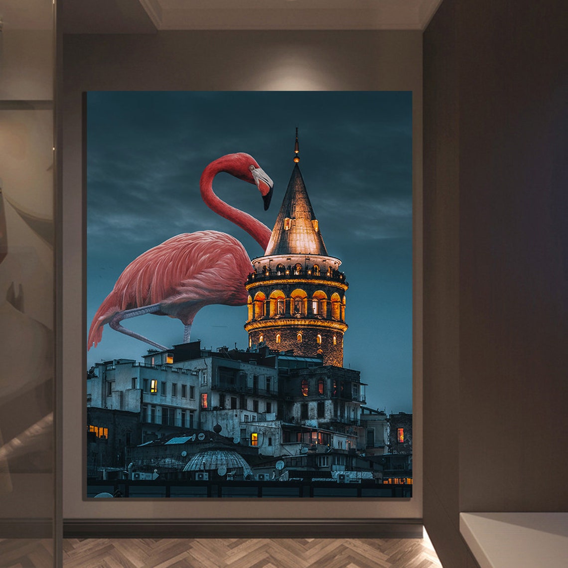 Istanbul Galata Tower Night Lights Pink Flamingo Surreal Travel Poster - Image 2