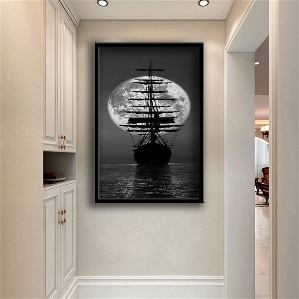 Sailing Ship And Full Moon Print Wall Decor Wall Art Print Ready To Hang Wall Print Design Painting - Image 2