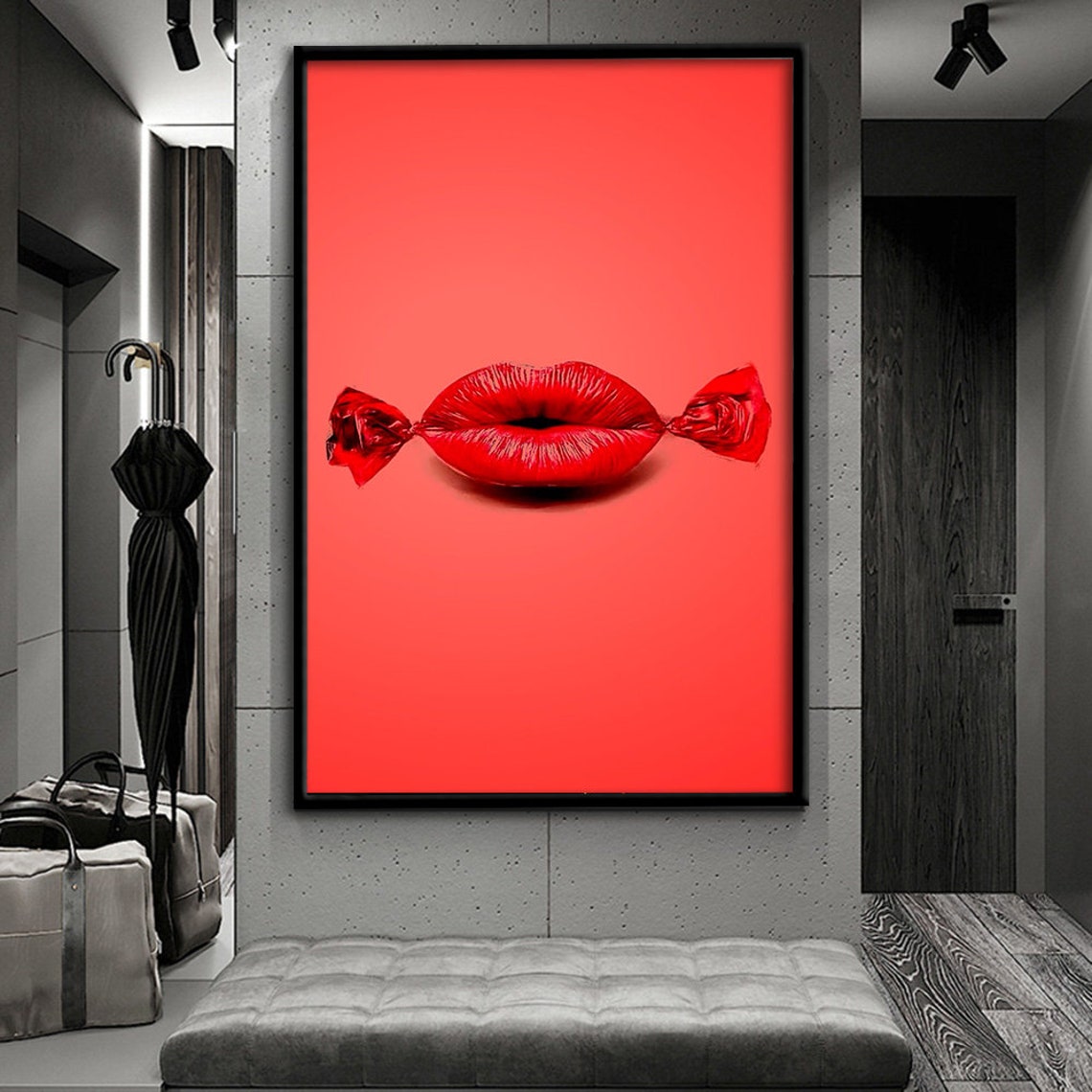 Pink Candy Lip Print Wall Decor Modern Art Print Wall Decor Ready To Hang Framed - Image 2