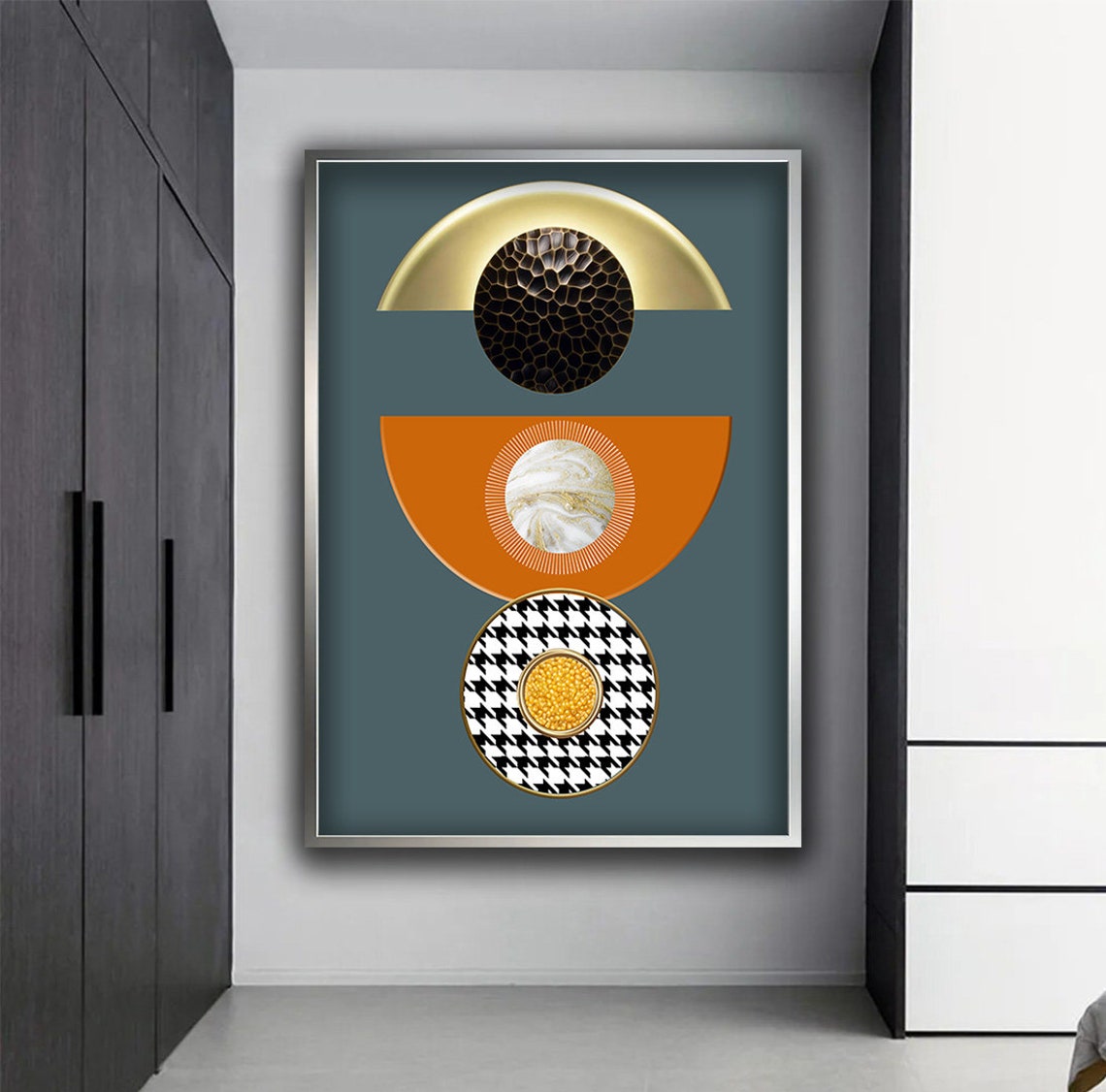 Mid Century Geometric Gold Orange Abstract Modern Wall Art Poster - Image 2