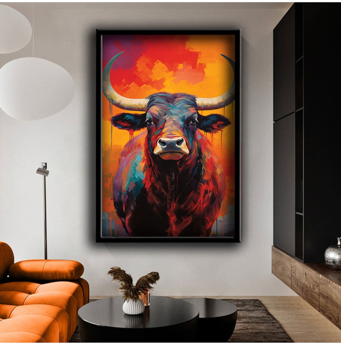 Colorful Longhorn Bull Abstract Fiery Orange Background Art Poster - Image 3