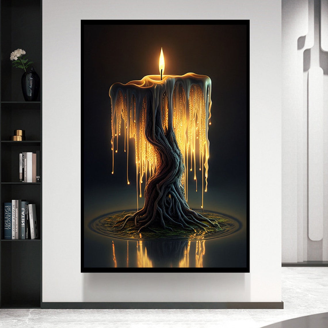 Surreal Melting Candle Tree Golden Wax Dripping Dark Fantasy Wall Art
