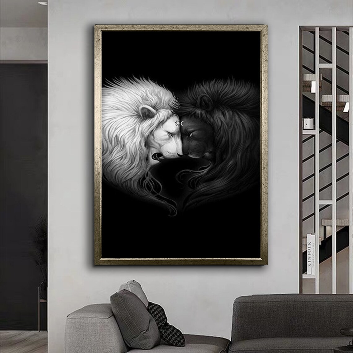 White And Black Lion Pair Heart Shaped Black And White Art Print - Image 4