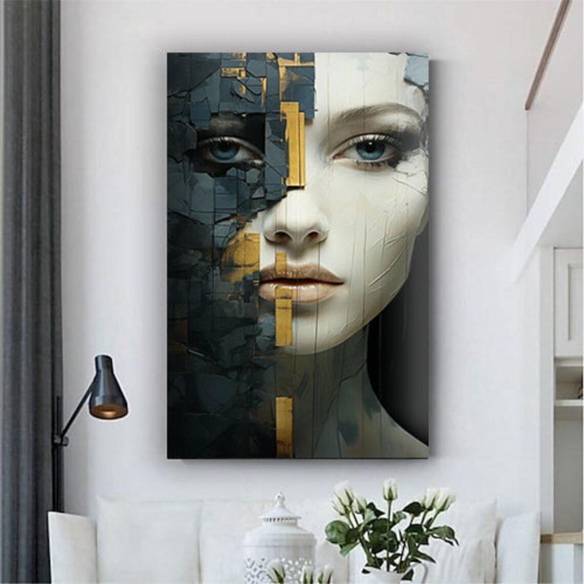 Shattered Geometric Woman Portrait Gold Accents Modern Fragmented Face Poster - Image 4