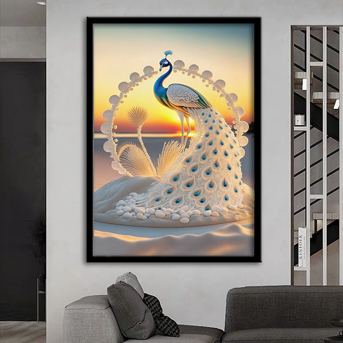 White Peacock Fan Tail Sunset Majestic Elegant Bird Art Poster - Image 4