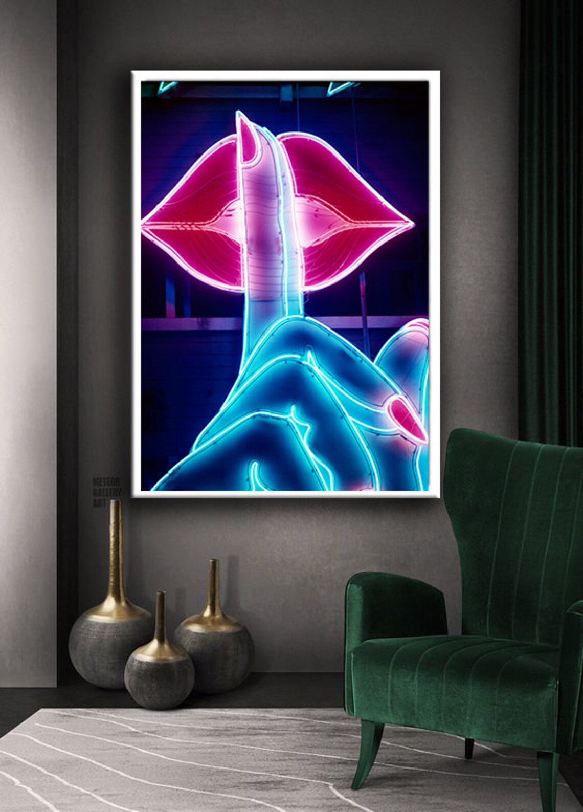Neon Hush Sign Blue Hand Shush Pink Lips Nightclub Style Poster - Image 2