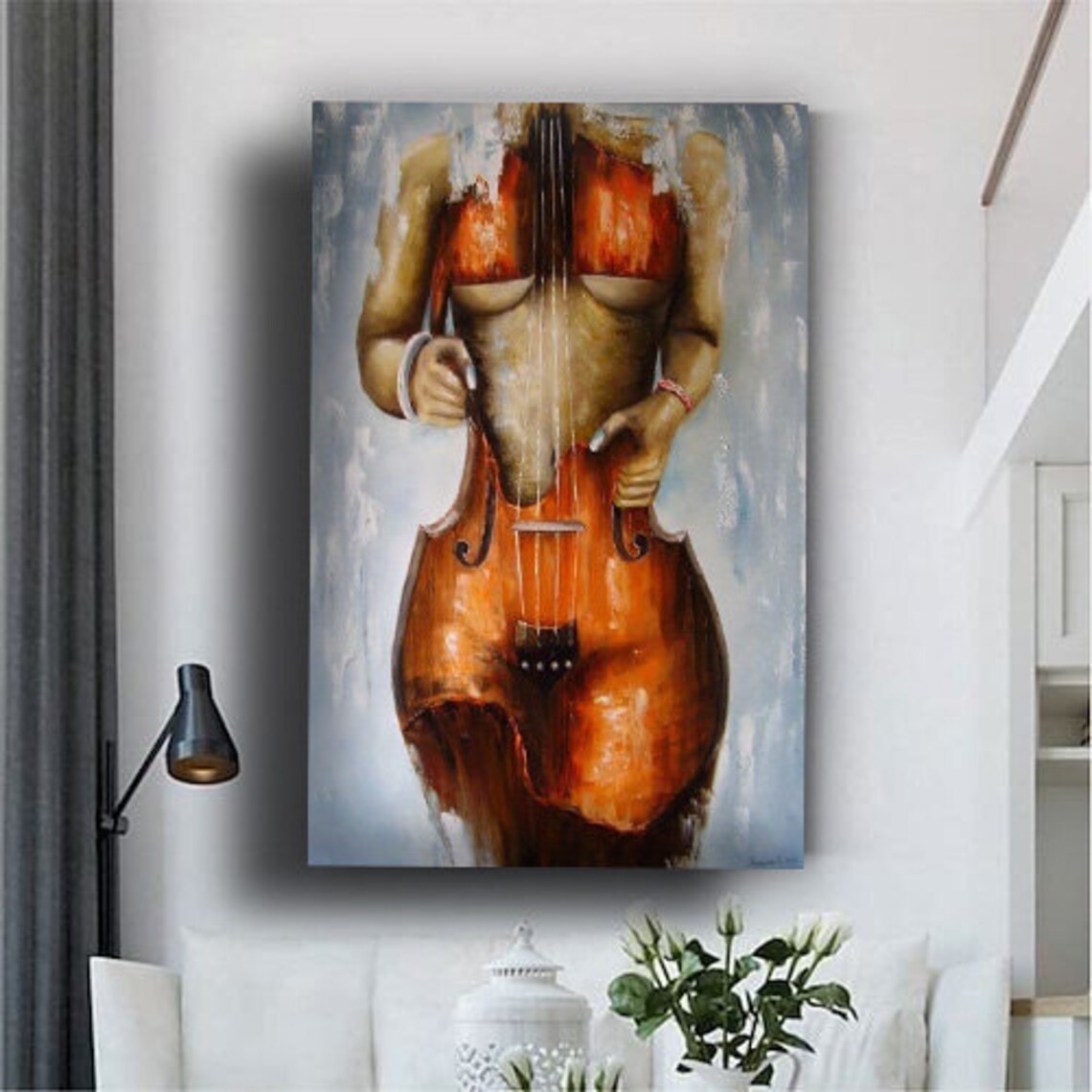 Elegant Nude Woman Cello Surreal Oil Painting Music Art Print - Image 3