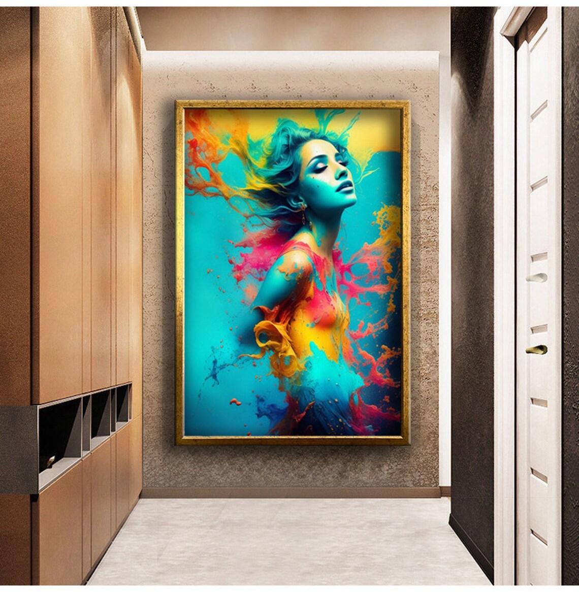 Woman Dissolving Colorful Paint Splash Explosion Vibrant Abstract Portrait Poster