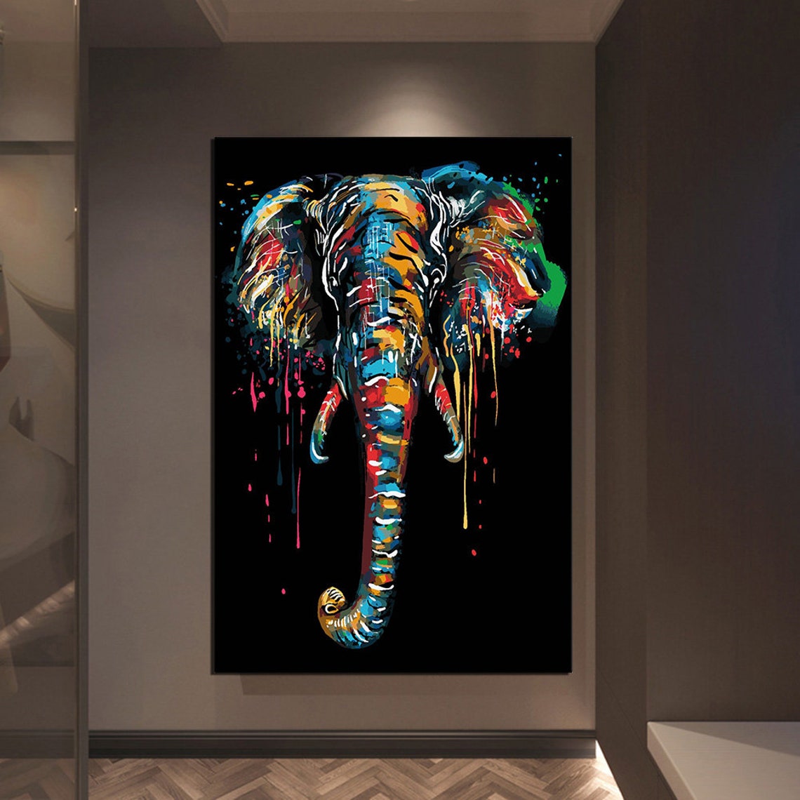Colorful Elephant Head Paint Drips Black Background Animal Art Print - Image 3