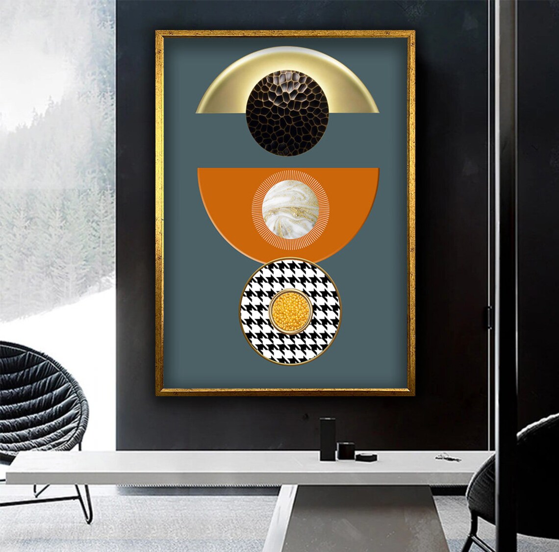Mid Century Geometric Gold Orange Abstract Modern Wall Art Poster - Image 4