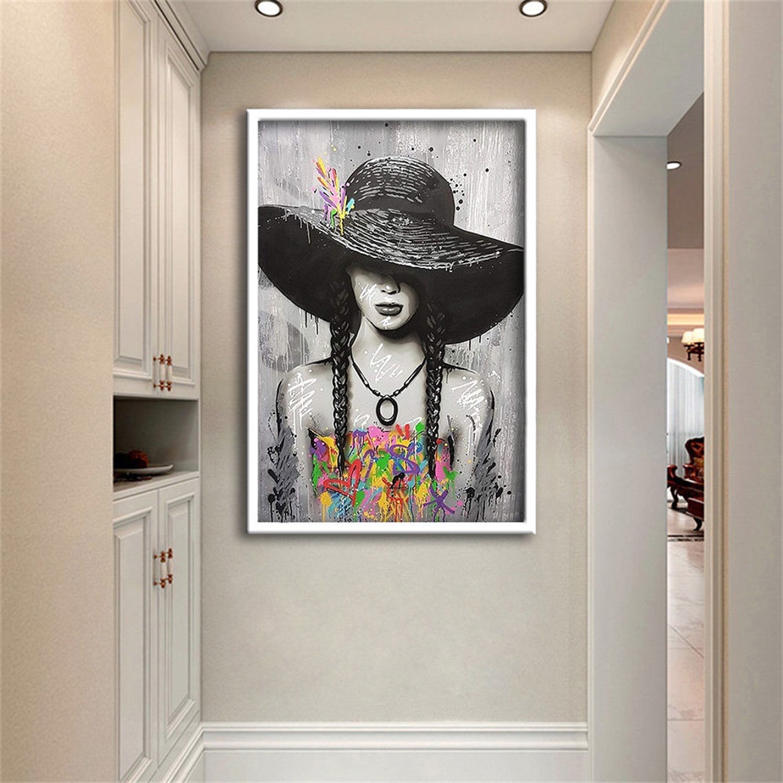 Pop Art Woman Painting Graffiti Woman Print Painting Woman In Hat Black And White Painting Print Ready To Hang Wall Print - Image 2