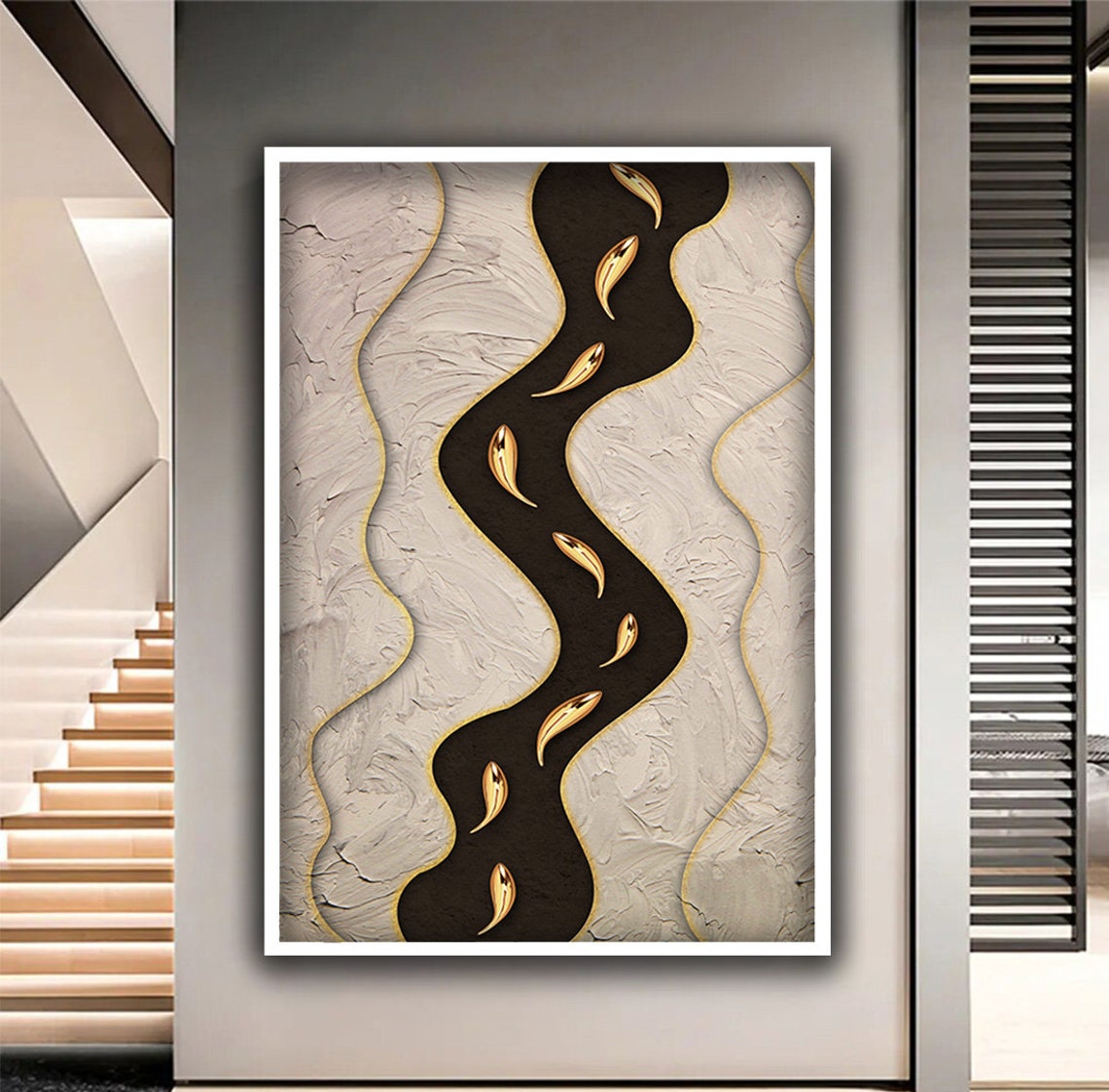 Abstract Design River And Fishes Original Design Print Wall Decor Ready To Hang Print Canvases Framed Gift - Image 3