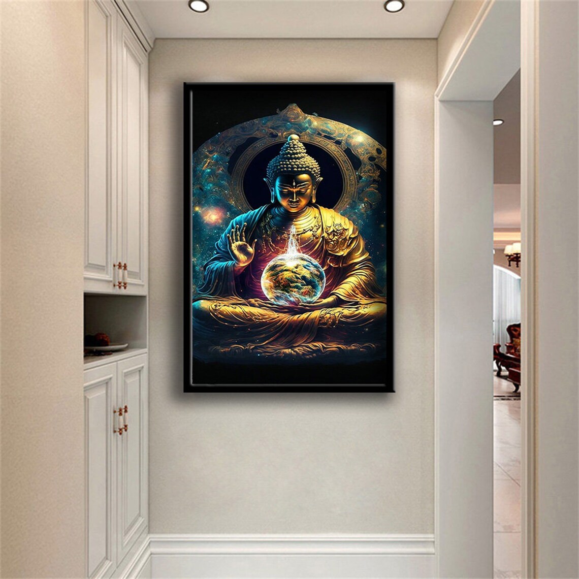 Golden Buddha Holding Glowing Earth Cosmic Galaxy Spiritual Zen Art Poster - Image 3