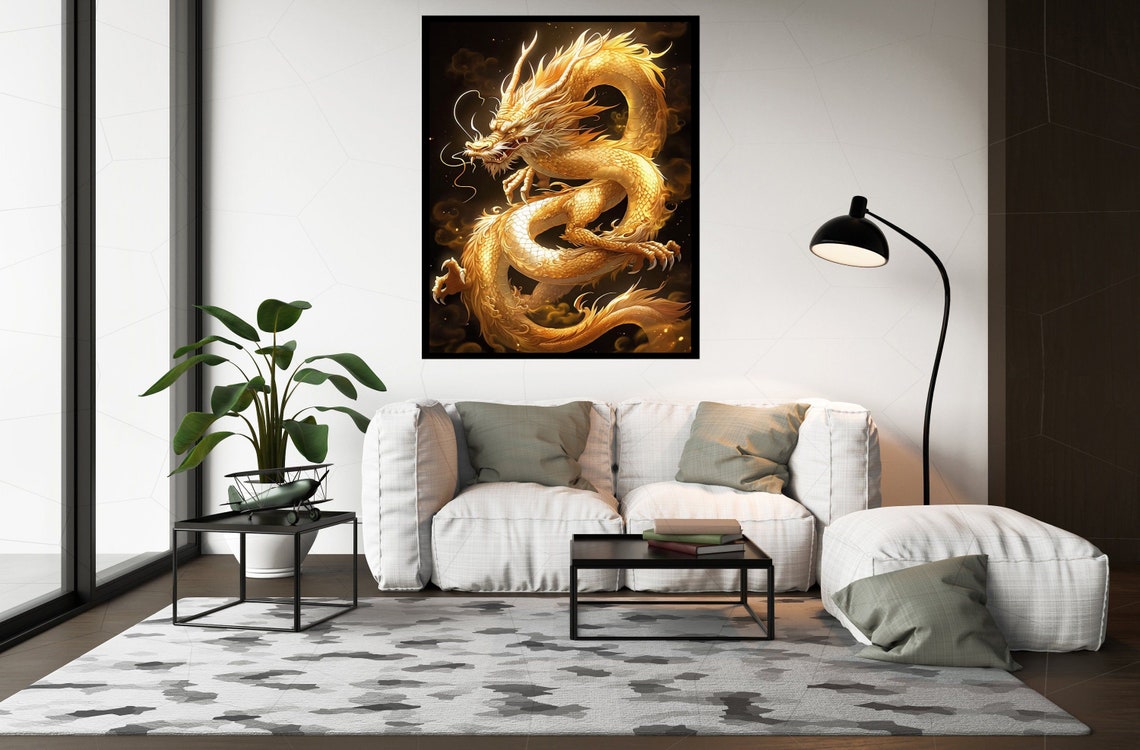 Golden Chinese Dragon Coiled Black Background Mythical Art Poster - Image 4