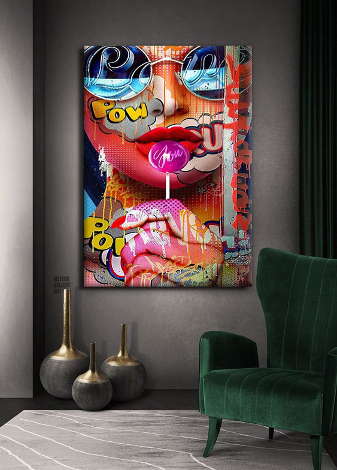 Pop Art Woman Sunglasses Pink Lollipop POW Graffiti Wall Art Print - Image 2