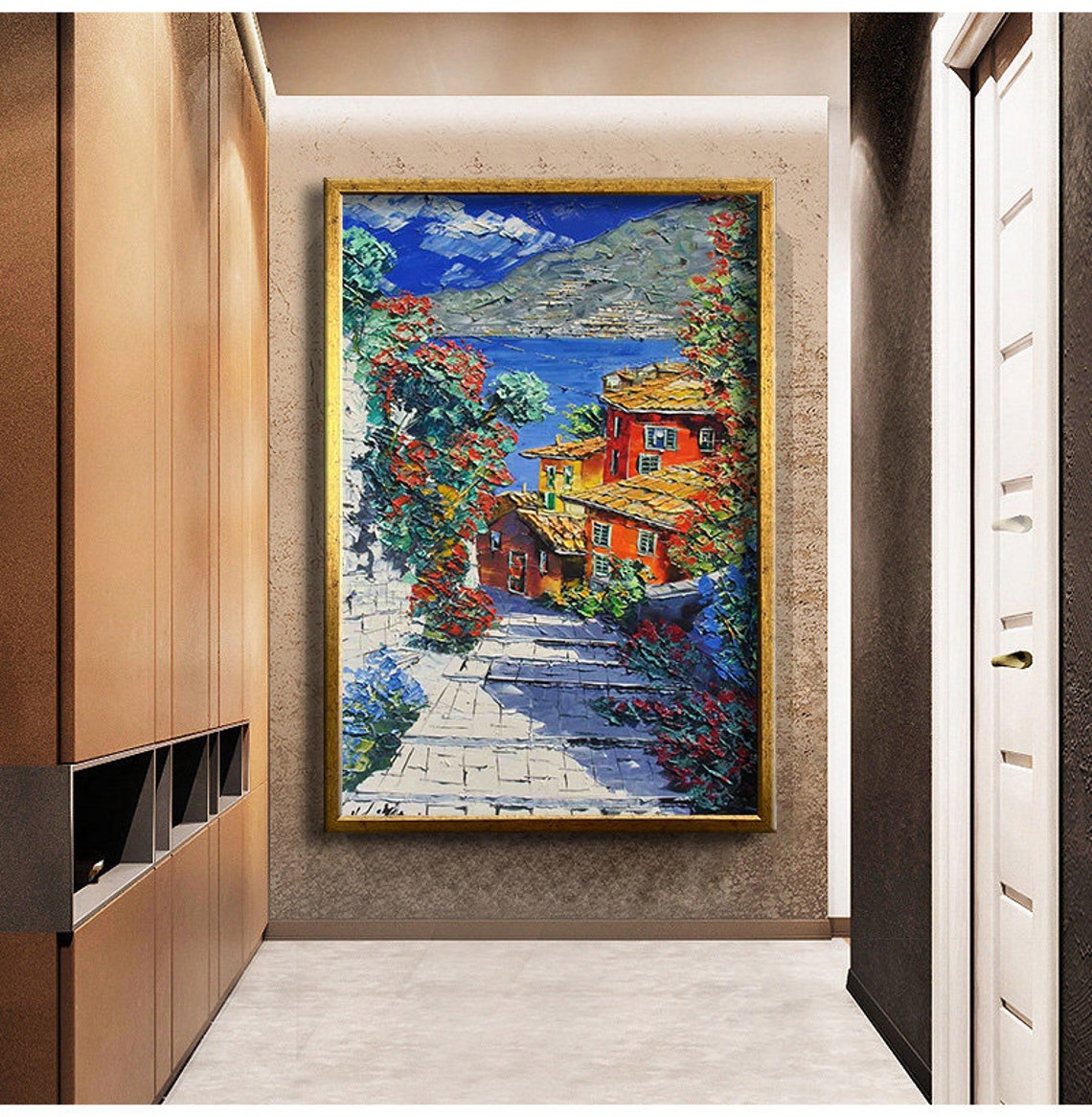 Mediterranean Coastal Village Stone Steps Colorful Sea View Poster