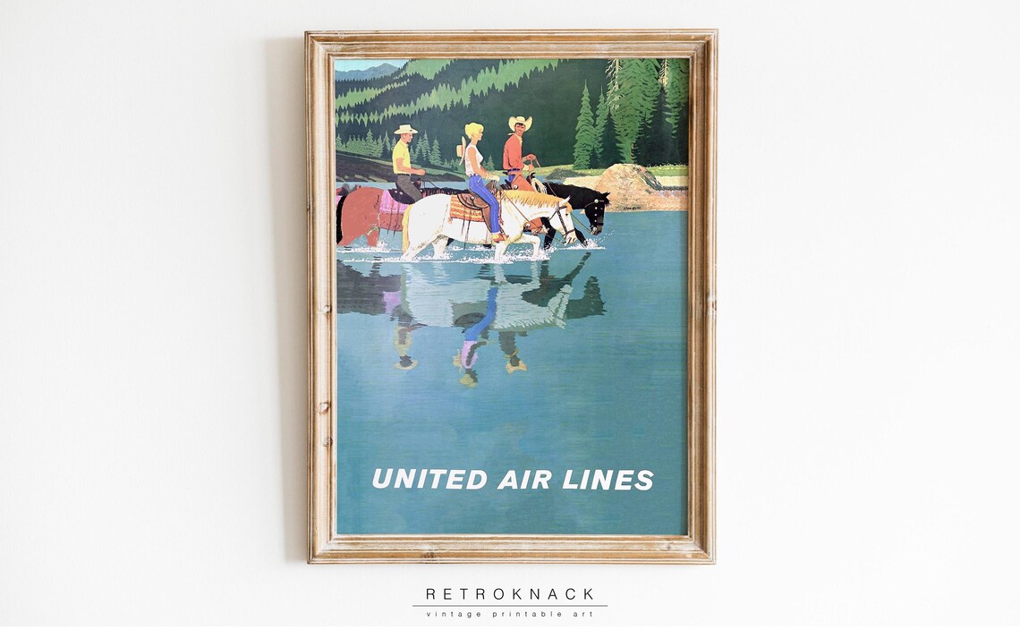 Vintage United Air Lines Travel Poster Horseback Riders Mountain Lake - Image 3