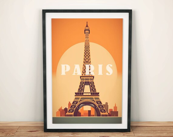 Paris Eiffel Tower Sunset Retro Travel Poster Orange Minimal City Art