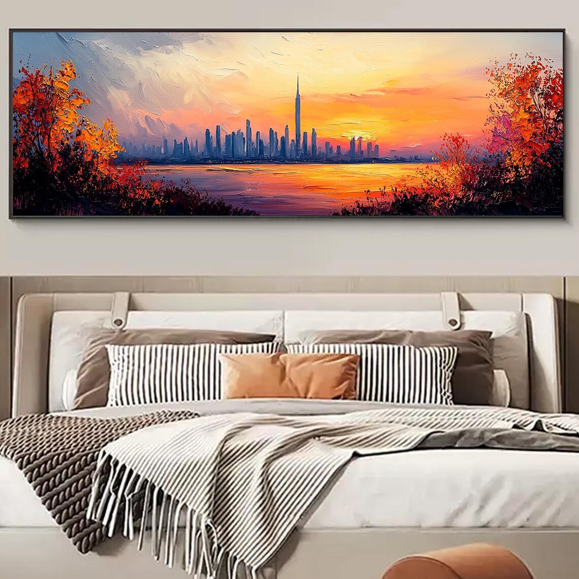 Dubai Skyline Burj Khalifa Sunset City Impasto Painting Travel Poster
