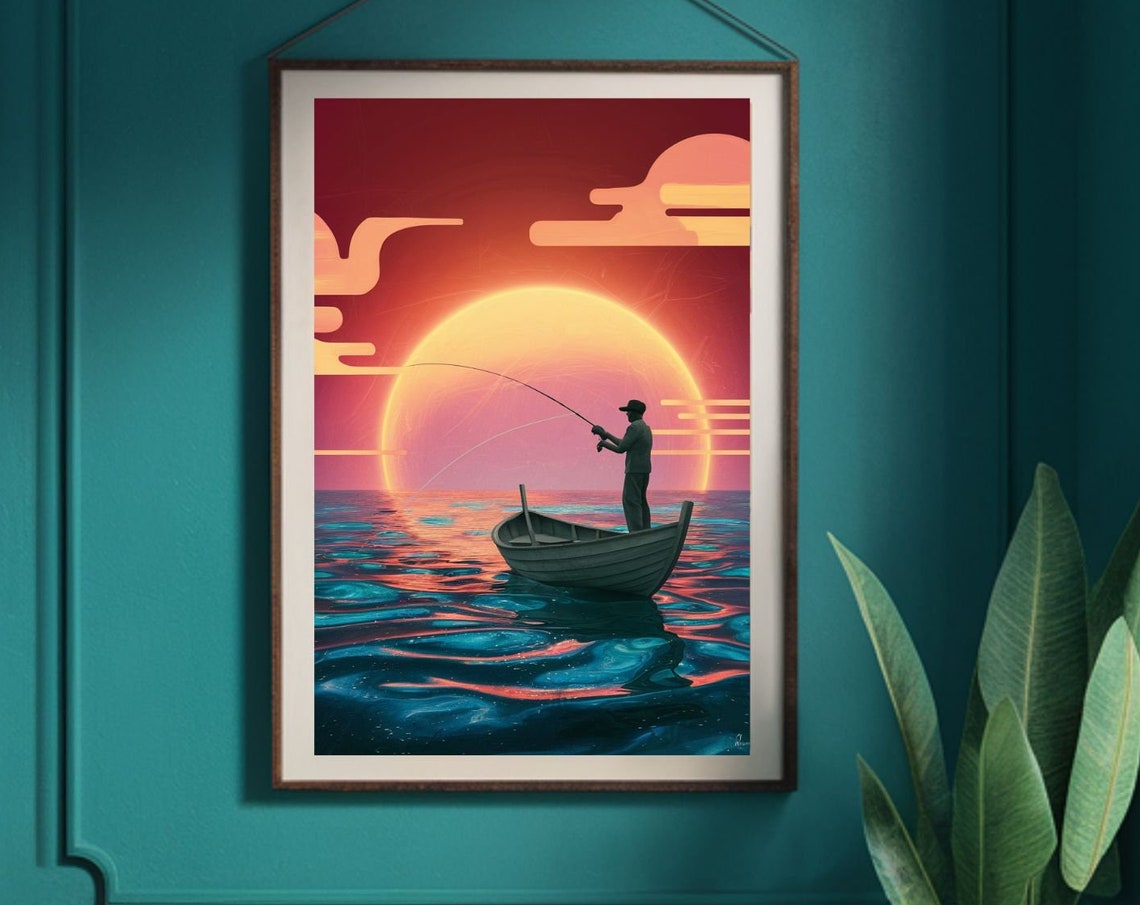 Fisherman On A Boat Print Art Art Fishing Print Decor Vintage Fisherman Boat Painting Sunset Wall Art