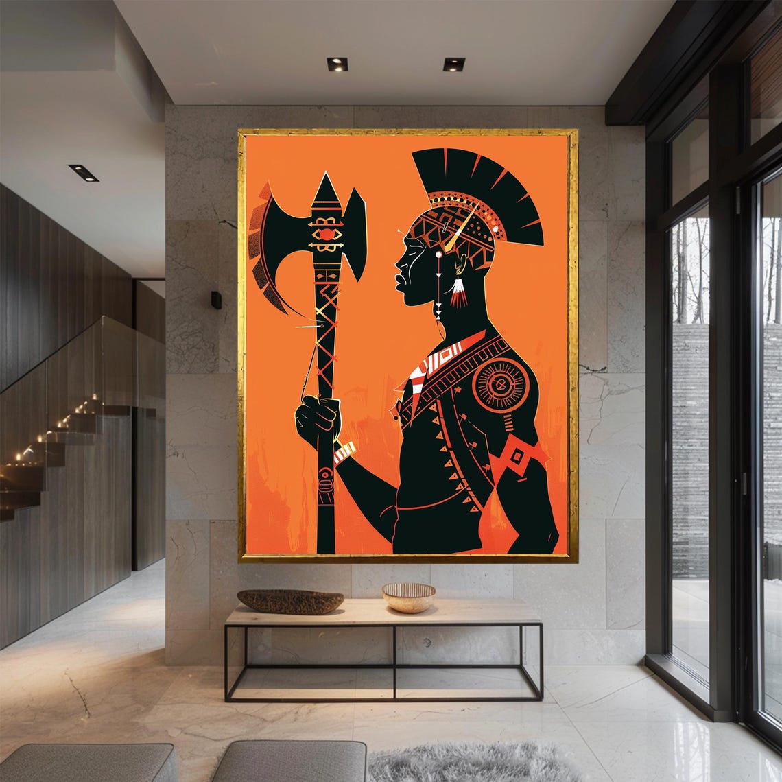 Stylized African Warrior Wall Art with Headdress and Axe on Orange - Image 3
