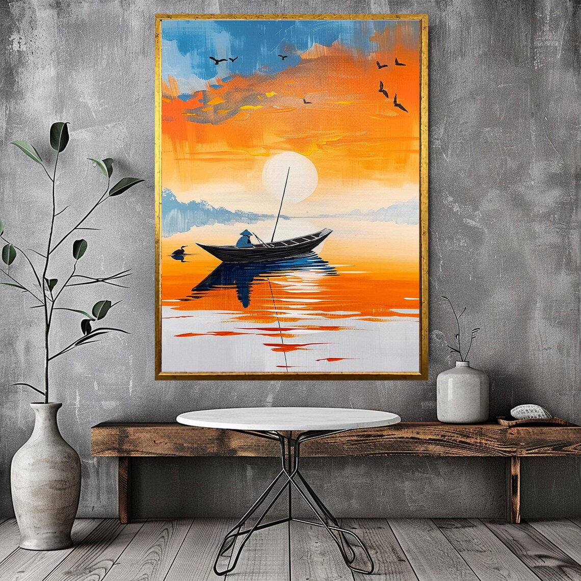 Fisherman Boat Sunset Orange Sea Asian Seascape Painting Poster - Image 3