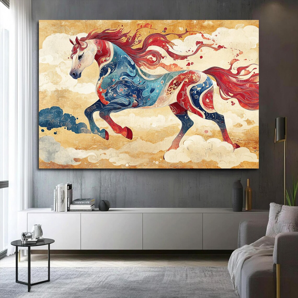 Red Blue Oriental Fantasy Horse Golden Clouds Mythic Wall Art - Image 2