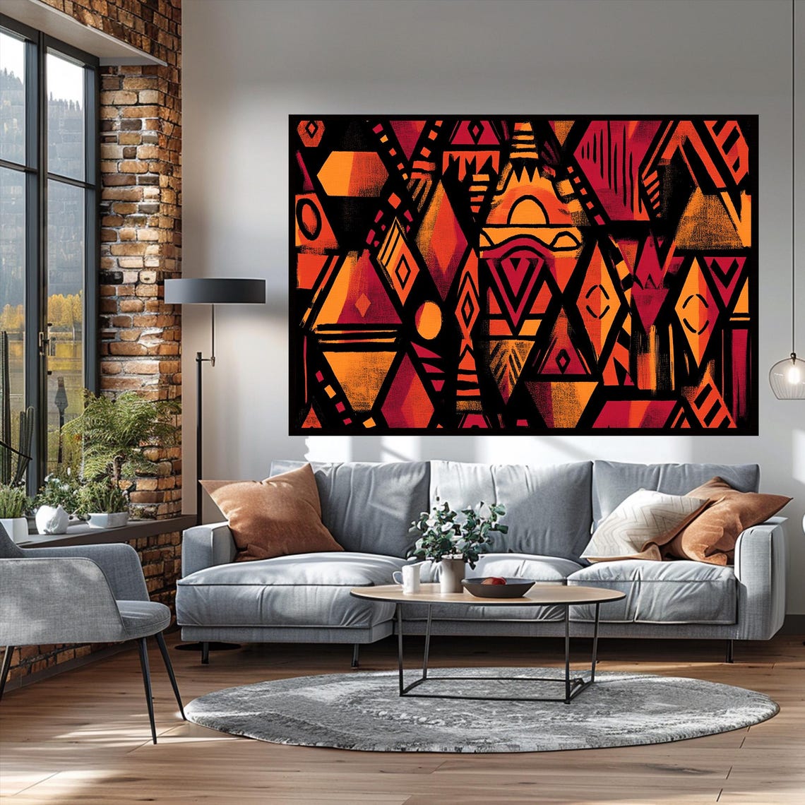 African Tribal Geometric Mask Pattern Red Orange Abstract Poster - Image 3