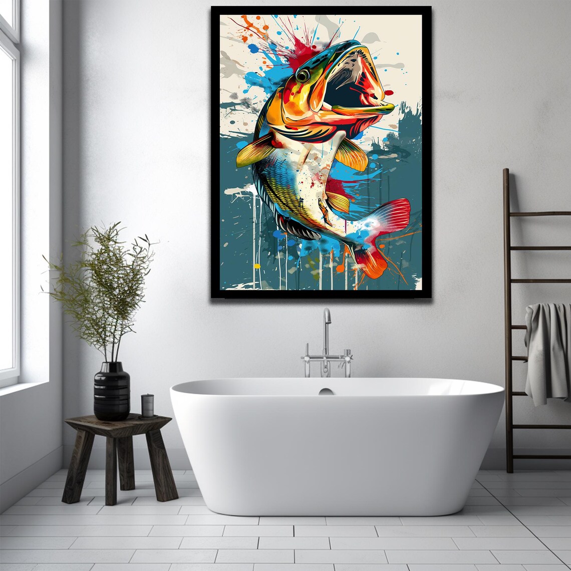 Colorful Leaping Bass Fish Pop Art Teal Water Splash Poster Art - Image 2
