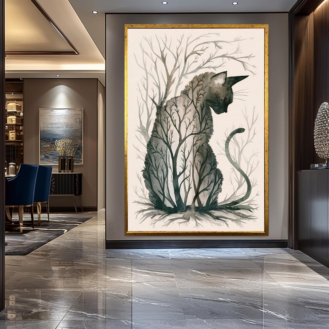 Black Cat Double Exposure Watercolor Tree Silhouette Art Print - Image 2