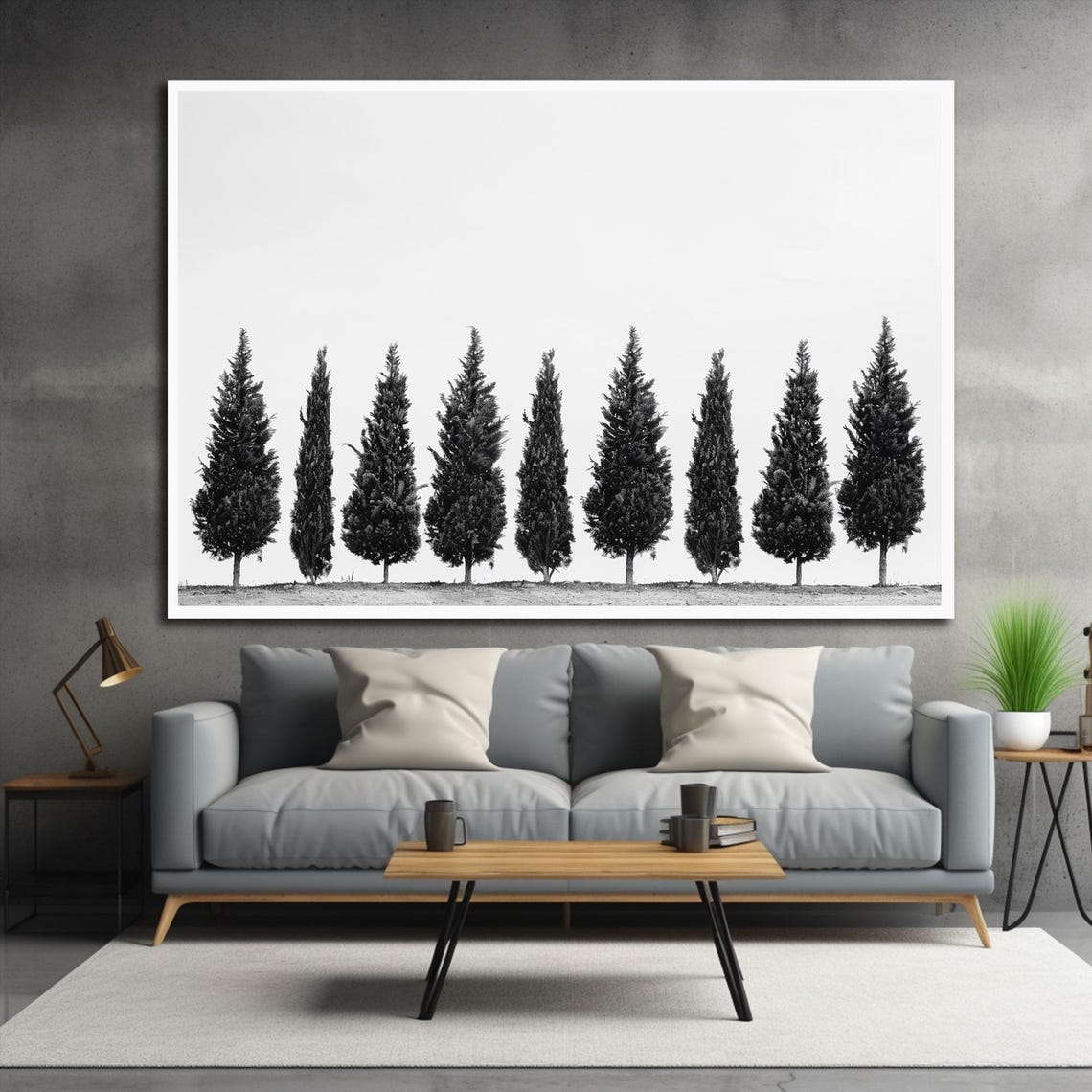 Black and White Juniper Tree Row Minimalist Nature Scene Poster - Image 2