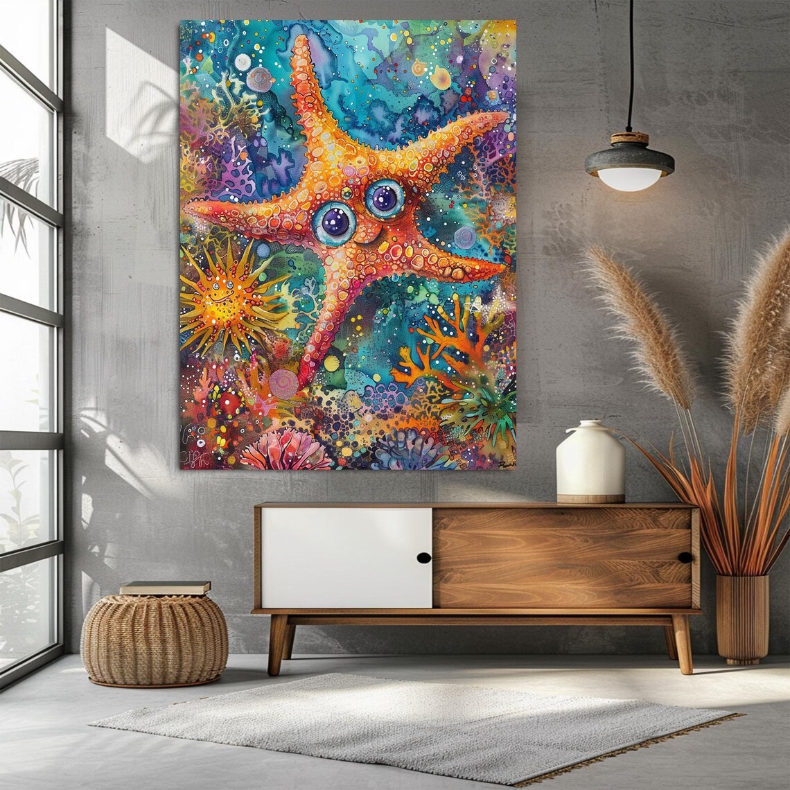 Smiling Orange Starfish Cartoon Coral Reef Ocean Scene Art Print - Image 2