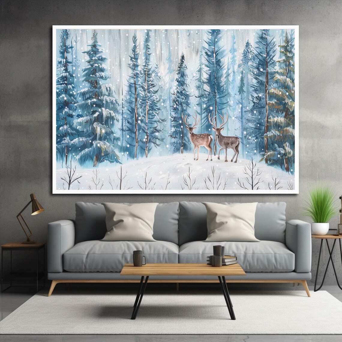 Winter Deer Pair Snowy Pine Forest Falling Snow Watercolor Art Print - Image 2