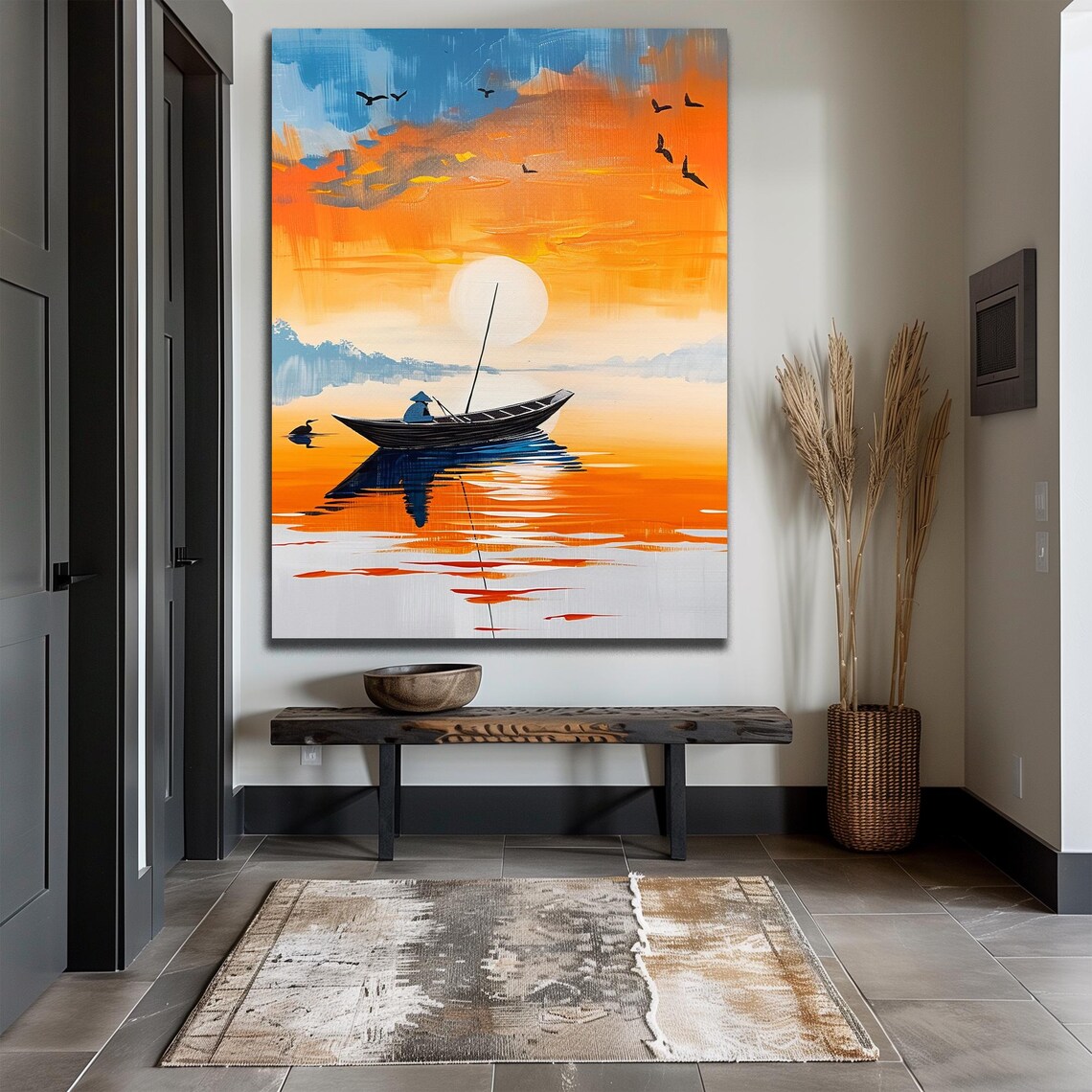 Fisherman Boat Sunset Orange Sea Asian Seascape Painting Poster - Image 2
