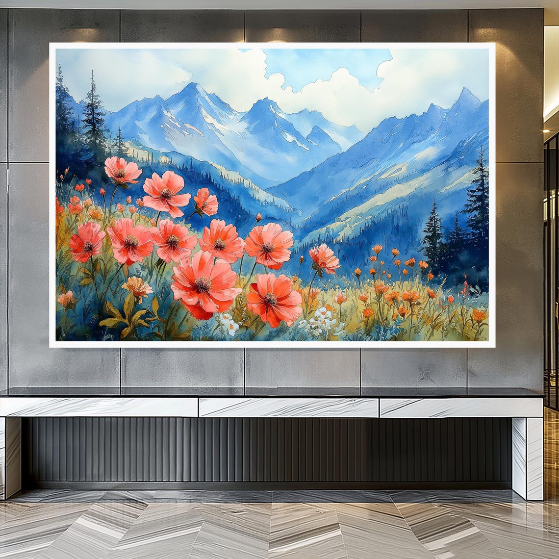 Coral Poppies Alpine Meadow Watercolor Blue Snowy Peaks Spring Poster - Image 2