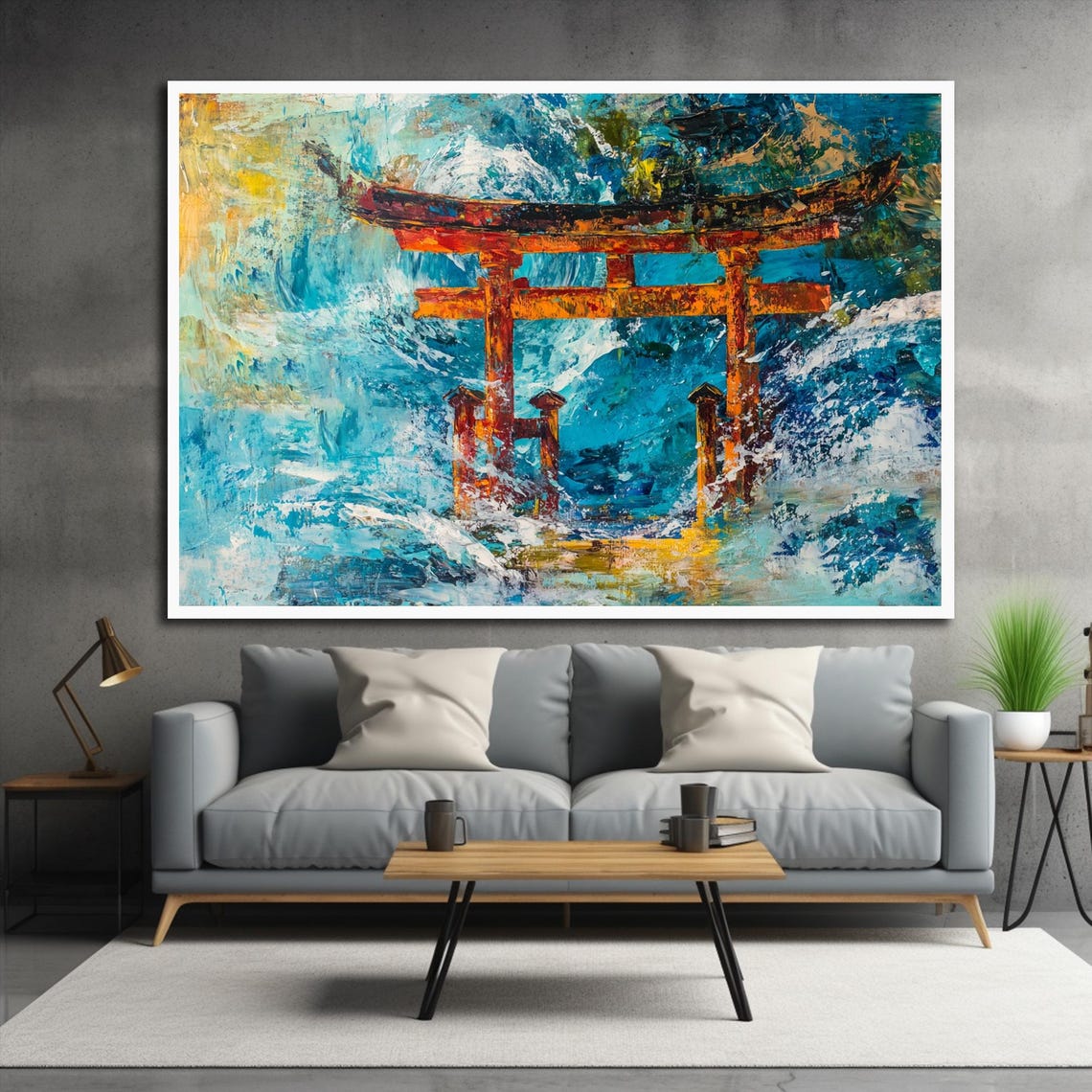 Red Torii Gate Crashing Turquoise Waves Abstract Ocean Poster - Image 2