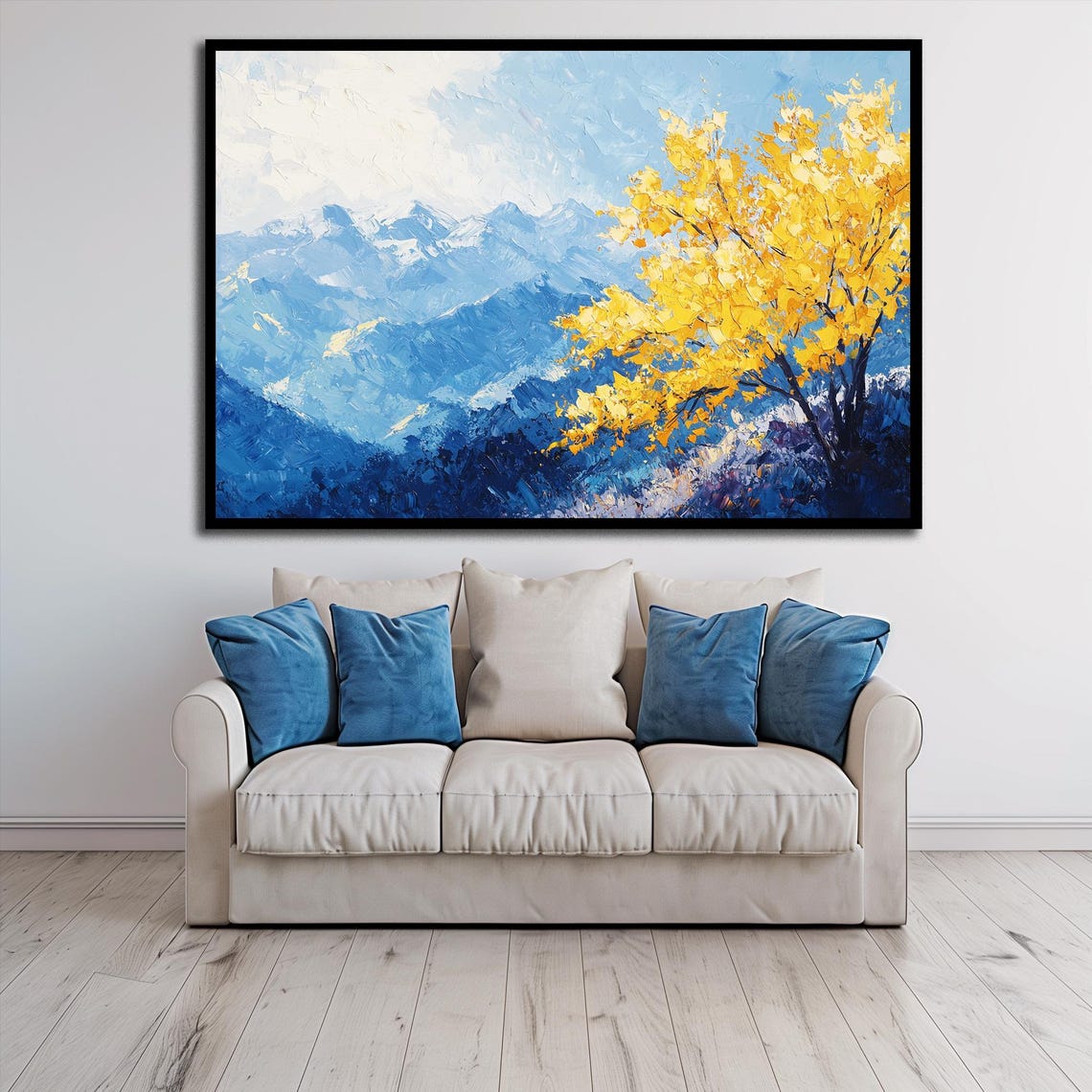 Blue Mountain Range Golden Autumn Tree Bold Impasto Landscape Poster - Image 2