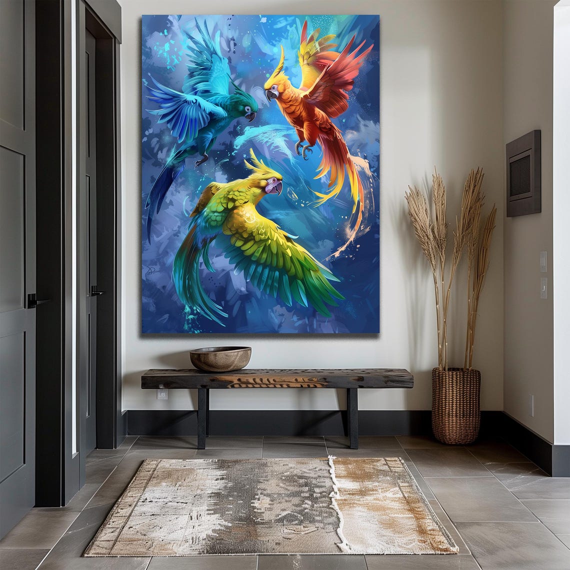 Three Colorful Parrots Flying in a Blue Sky Tropical Bird Art Print - Image 2