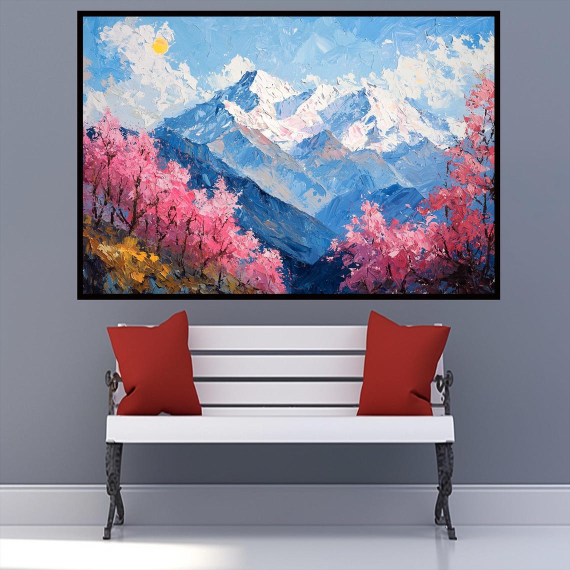 Pink Blossom Trees Snowy Mountain Peaks Spring Impasto Poster - Image 2