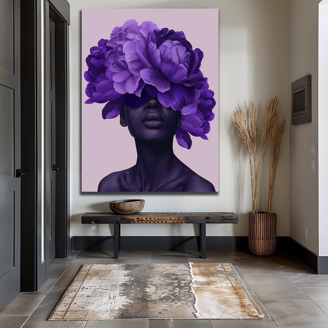 Purple Peony Floral Woman Portrait Modern Botanical Art Poster - Image 2