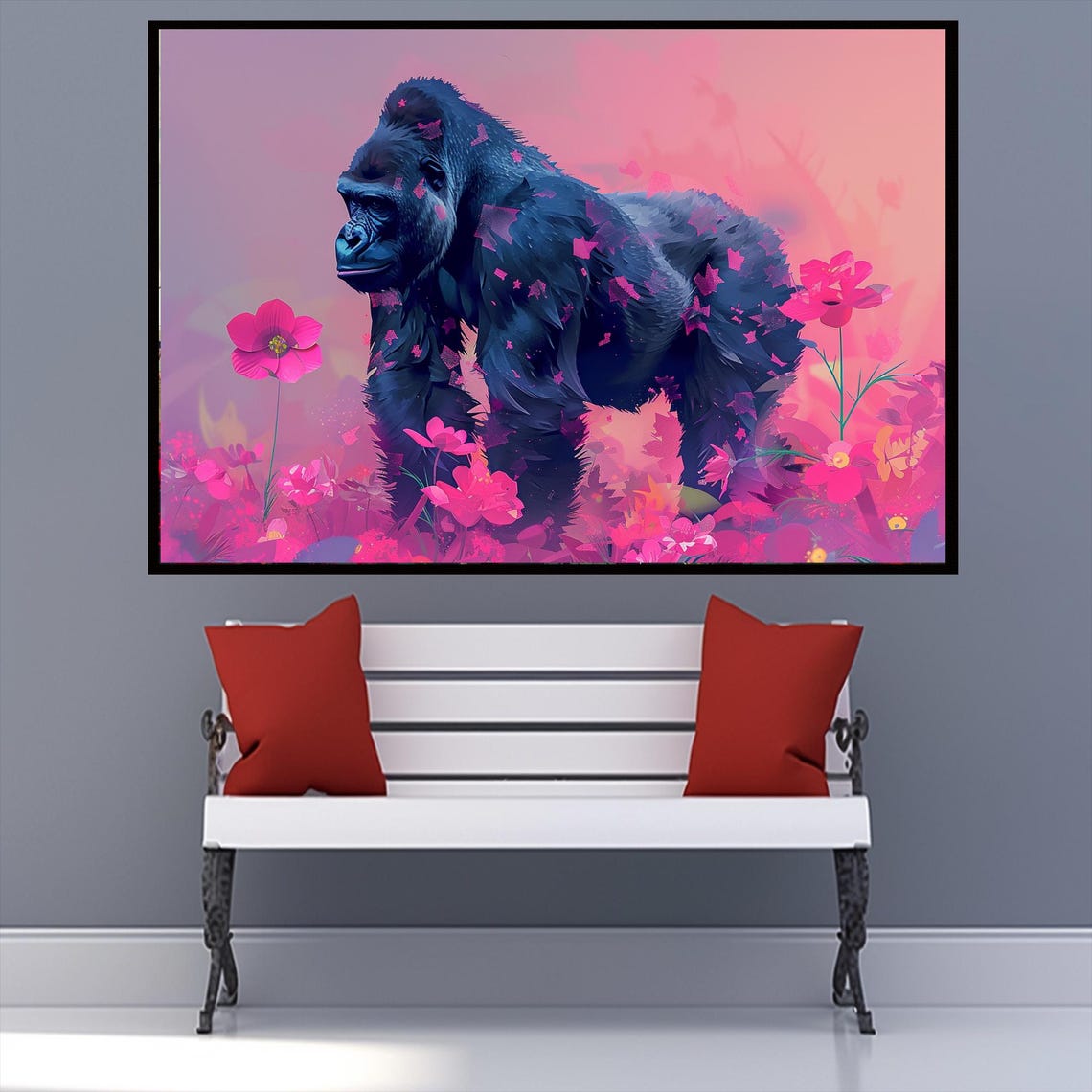 Majestic Gorilla Standing In Neon Pink Wildflower Field Animal Art Poster - Image 2