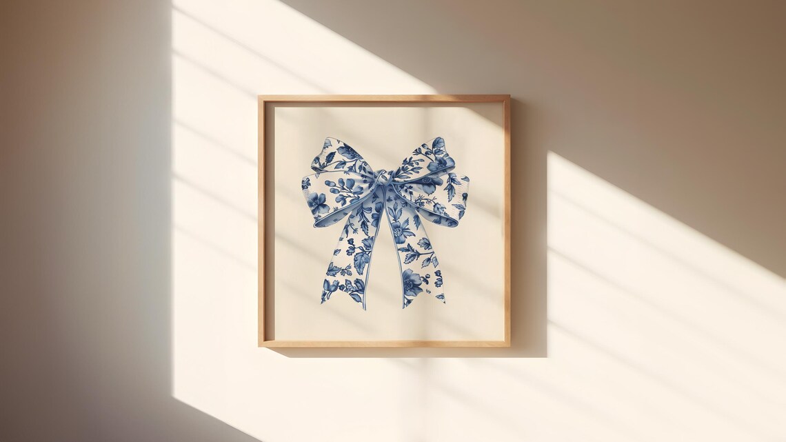 Blue Chinoiserie Floral Bow Coquette Ribbon Decor Art Poster - Image 4