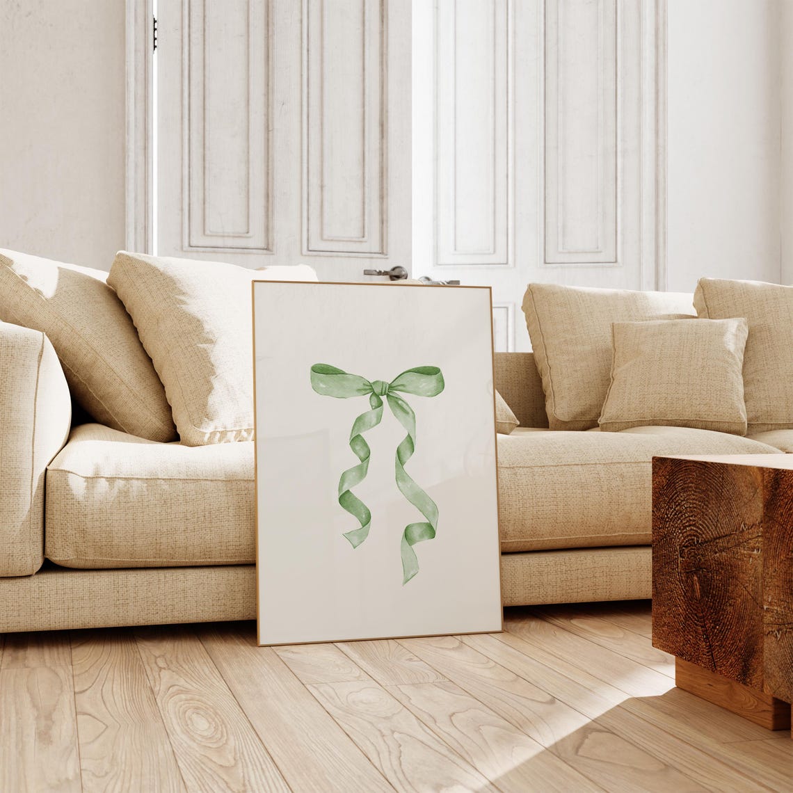 Sage Green Watercolor Ribbon Bow With Flowing Tails Coquette Print - Image 4