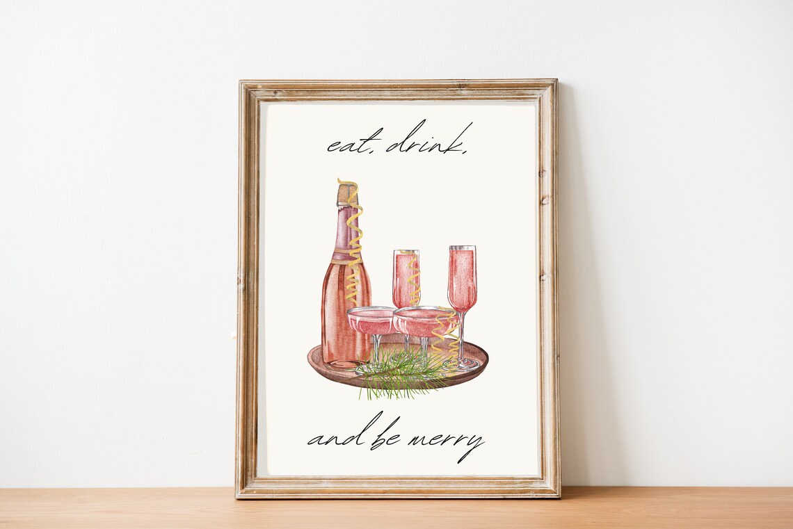 Eat Drink And Be Merry Champagne Bottle Tray Watercolor Quote Print - Image 2