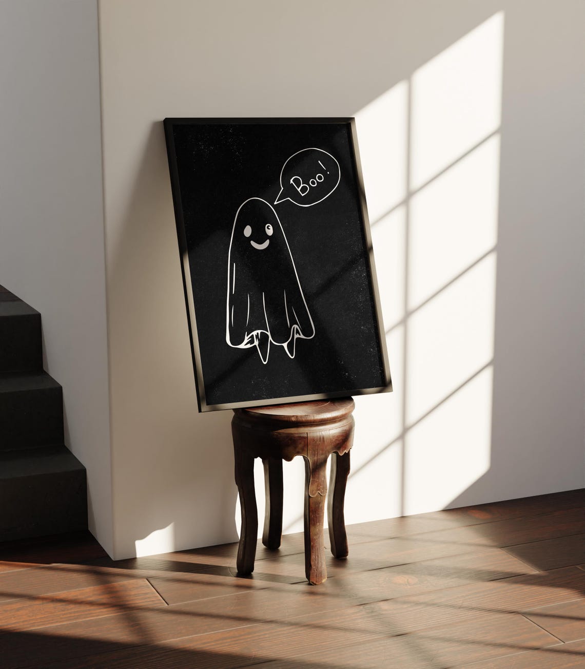 Boo Ghost Chalk Style Drawing on Black Textured Halloween Night Poster - Image 3